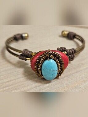 Tibet turquoise & coral brass wire bangle cuff
